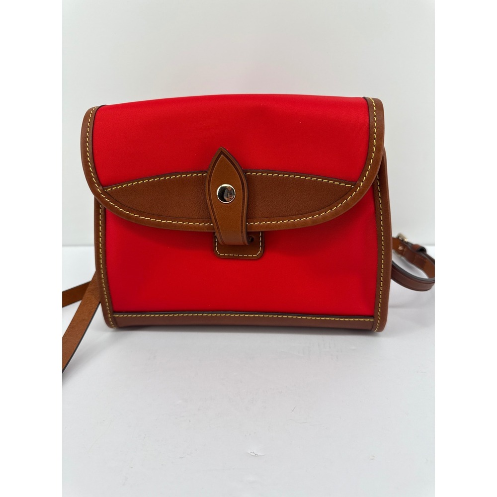 Dooney Bourke Red Nylon Leather Trim Crossbody Bag Small Flap Closure